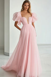 Rosa A-Linie Herzausschnitt Langes Ballkleid mit Rüschen und Ärmeln